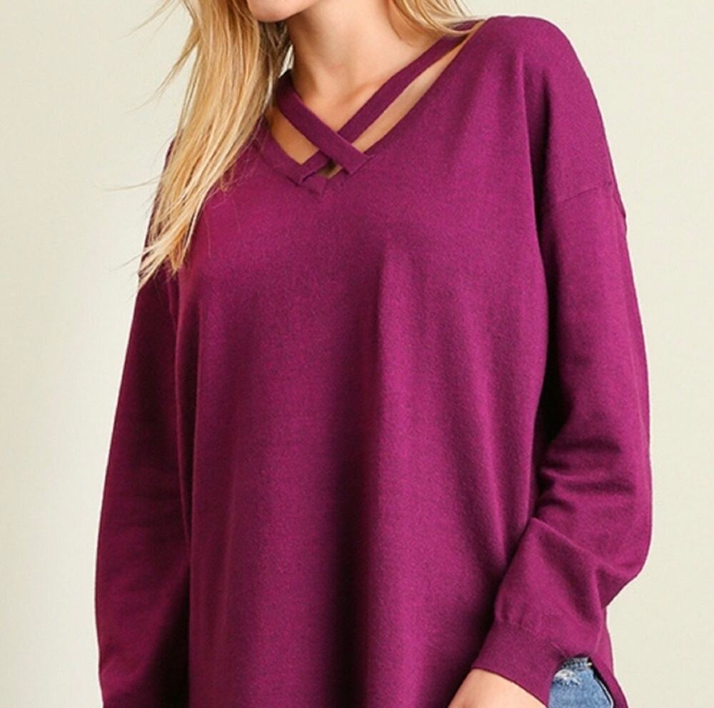 Umgee Plus Size XL Burgundy Plum Cut Out Criss Cross Neck Knit grunge Sweater